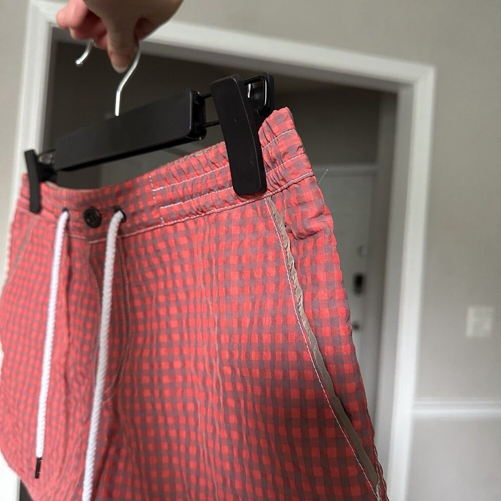 Parke & Ronen Mens Size S Pink Tan Gingham Lined Swim Trunks Beach Short